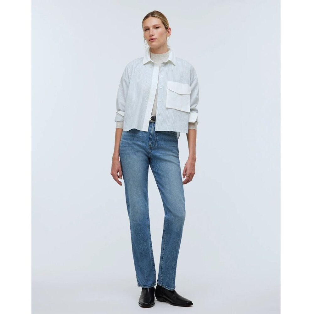 Madewell Flap-Pocket Crop Button-Up Shirt in Poplin Pin Striped Size S